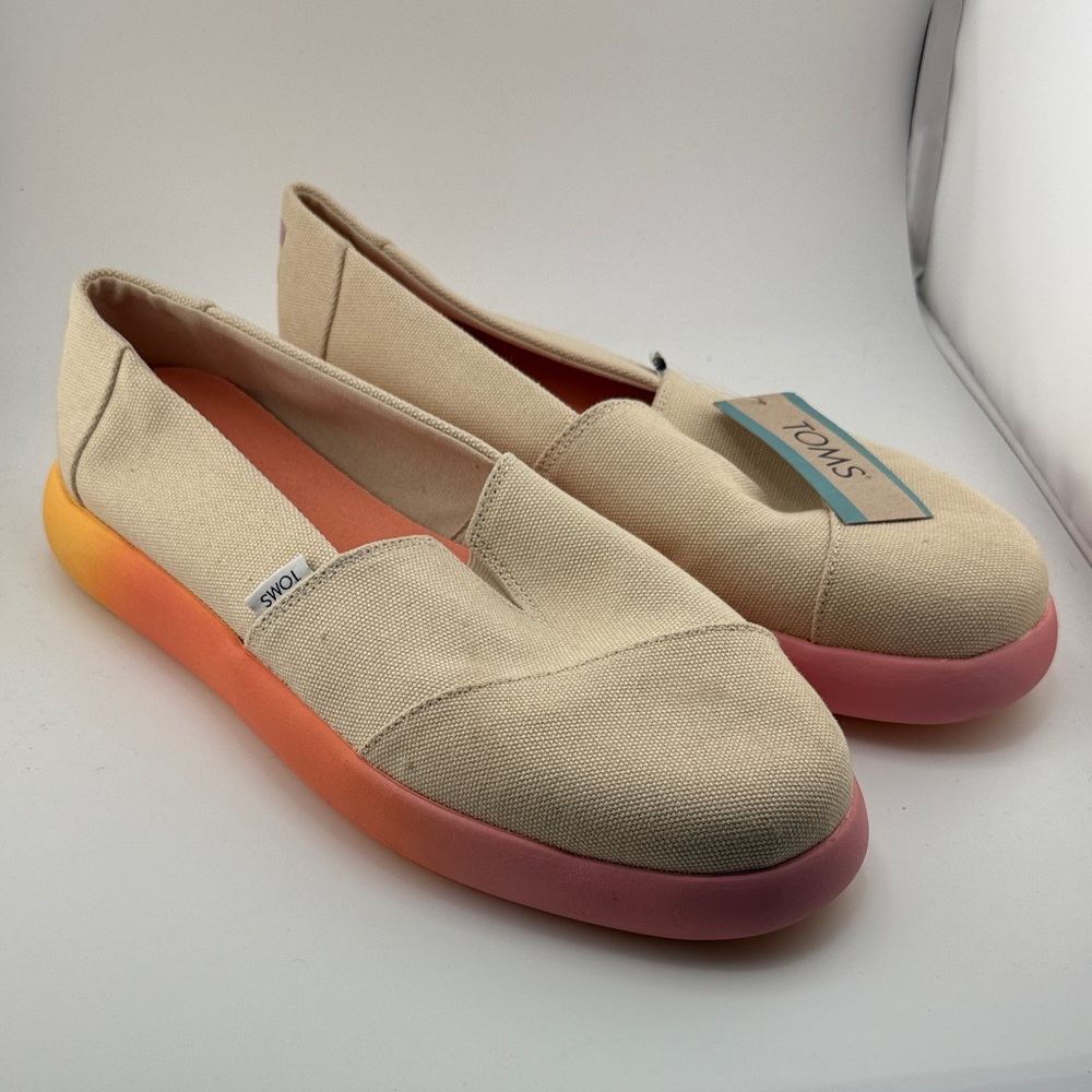 Toms Beige Canvas Slip-On Flats with Pink to Orange Gradient Sole